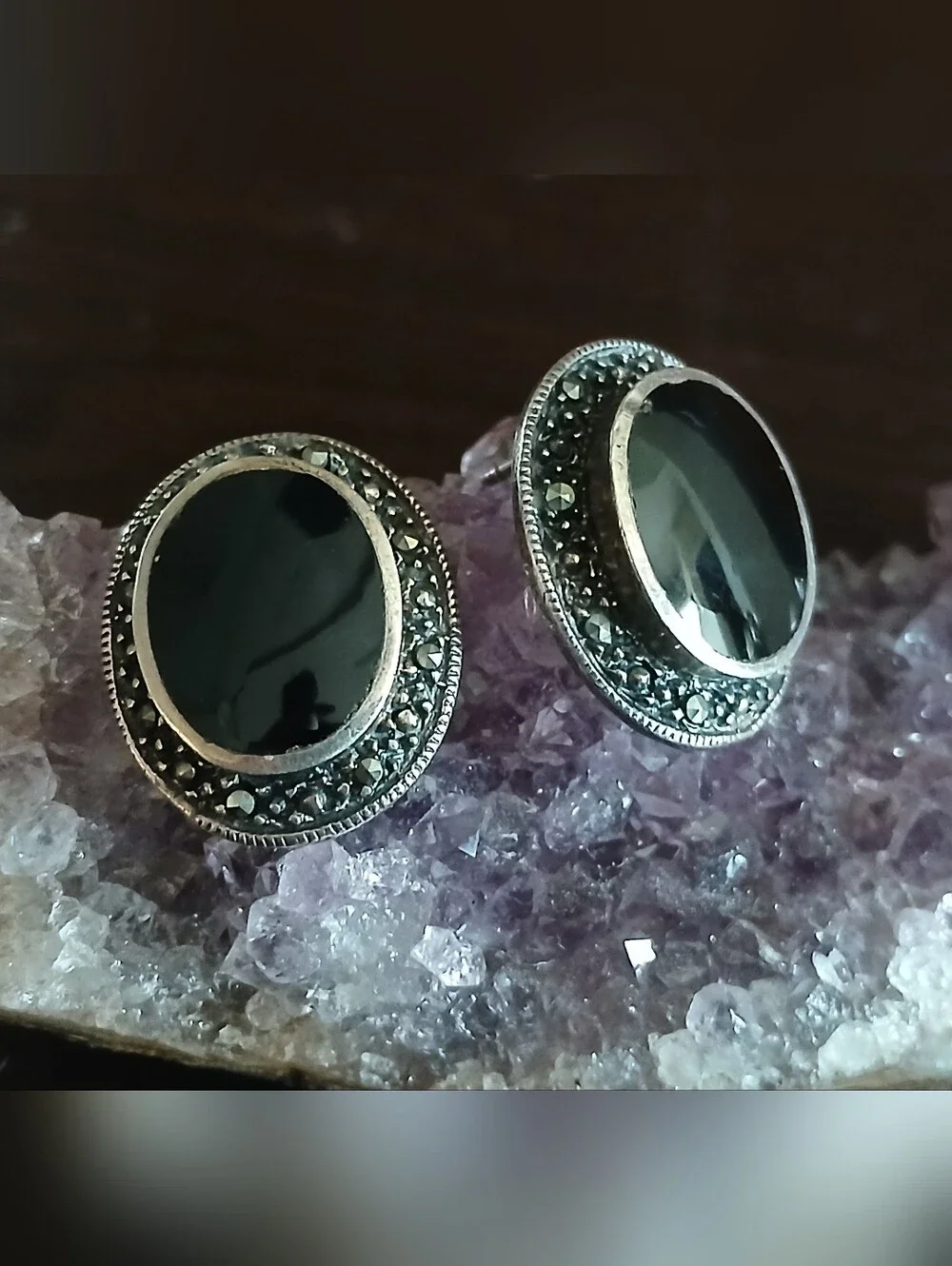 vintage sterling silver black onyx & marcasite pierced earrings